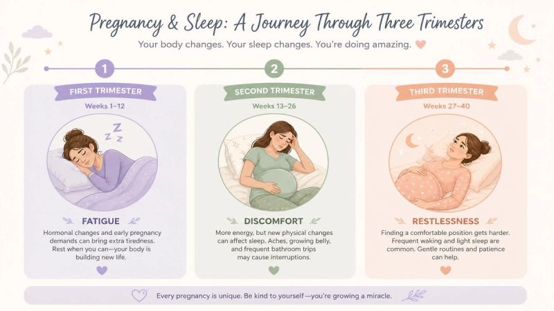 A visual timeline of pregnancy showing sleep changes across trimesters.