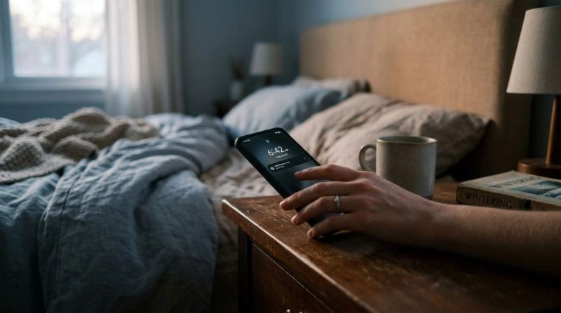 A hand holding a phone in a quiet bedroom, representing the restless checking and low energy that can signal loneliness