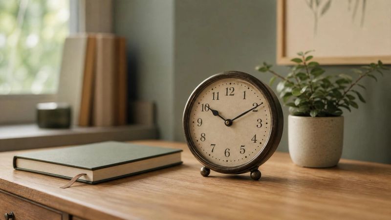 A single clock face and a calm workspace, symbolising how ADHD differs from ordinary stress and forgetfulness.