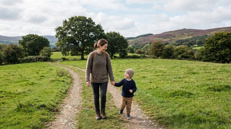 Irish parent and child on a walk in green Irish countryside, sense of ease and connection