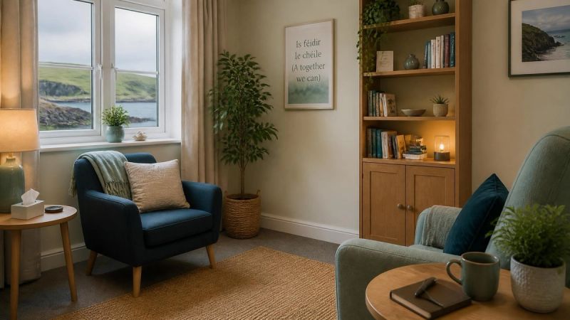 A peaceful therapy or consultation room with natural light, representing CBT treatment for emetophobia