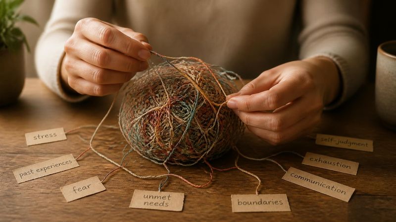 A tangled ball of thread next to a pair of hands, representing complex causes of anger