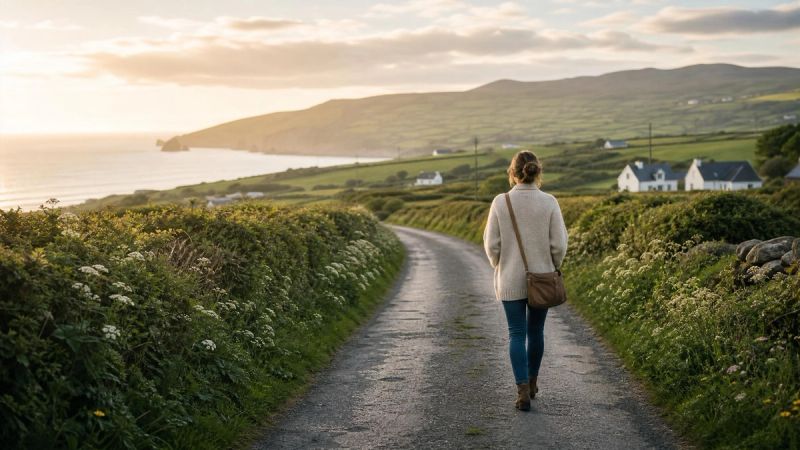 A woman walking along a peaceful Irish country lane, representing ADHD in women in Ireland