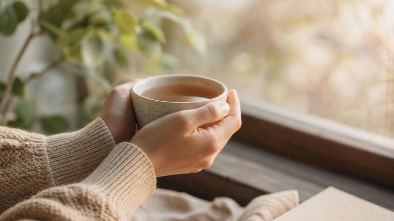 Two hands gently holding a cup of tea near a window with soft light, symbolising support and healing after EMDR therapy