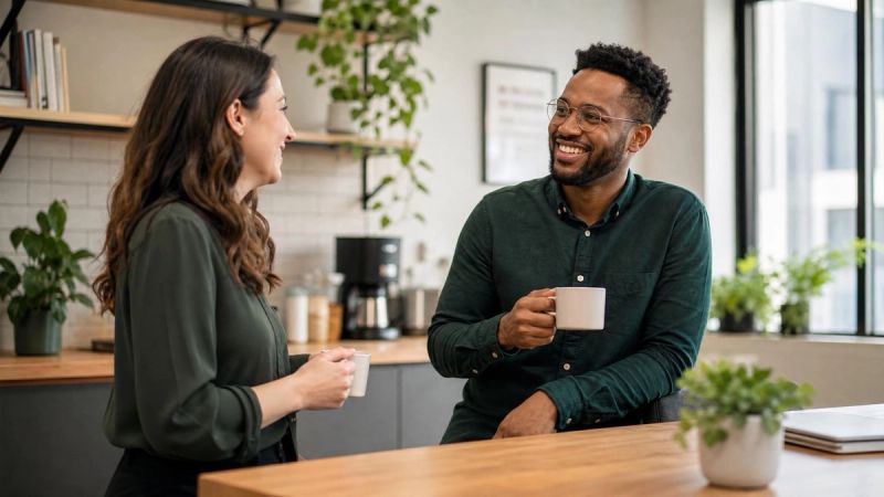 Two colleagues having a friendly conversation over coffee in a bright office kitchen