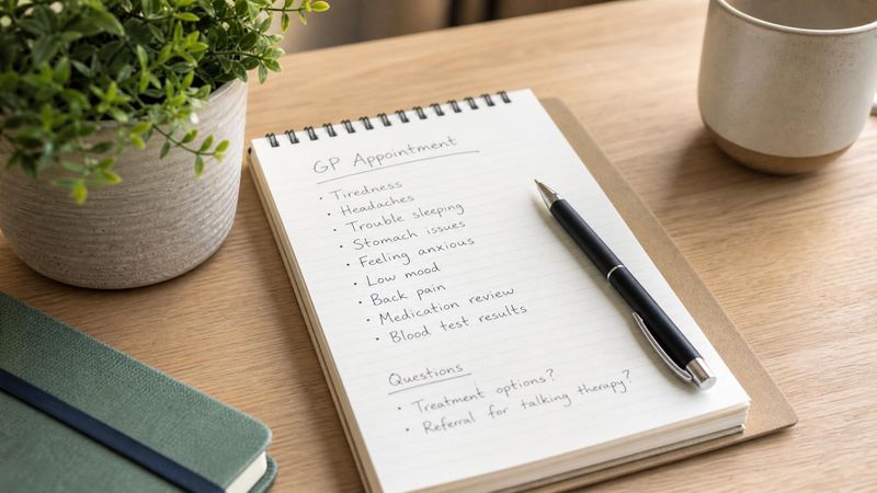 A notepad with handwritten notes and a pen on a clean desk