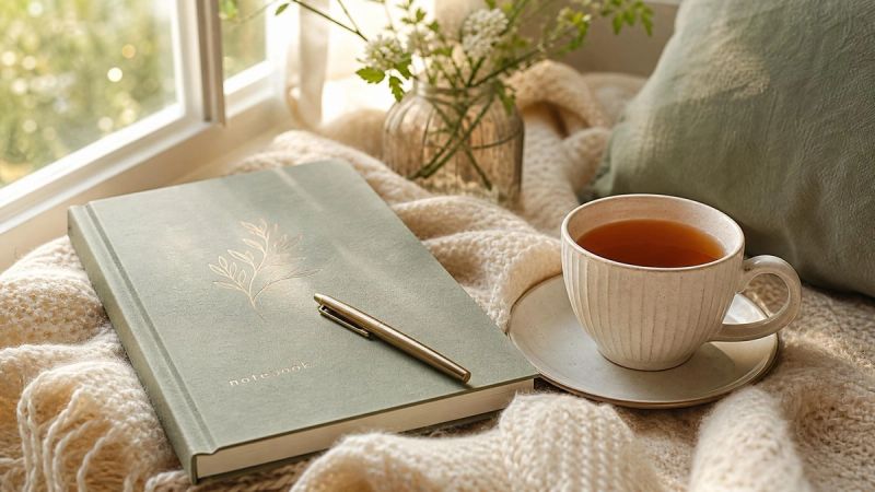 Peaceful journaling scene with tea and a notebook, representing practical self-care after a breakup