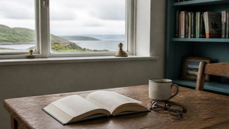 An open book and reading glasses on a table by a window