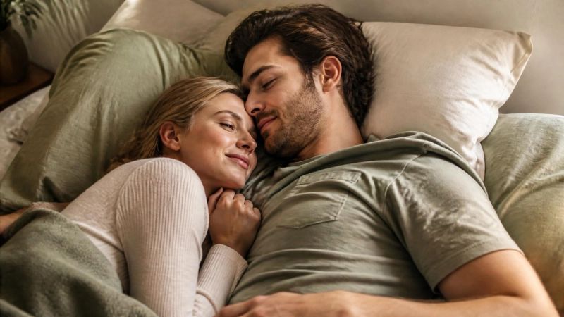 A couple lying close together in bed, representing intimacy and closeness during menopause