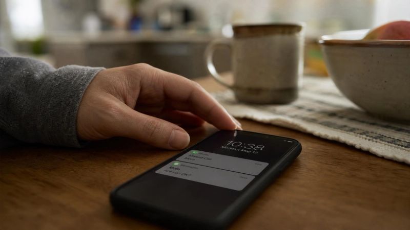 A hand resting on a phone on a wooden table
