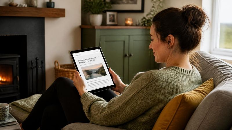 A person reading a mental health article on a tablet at home