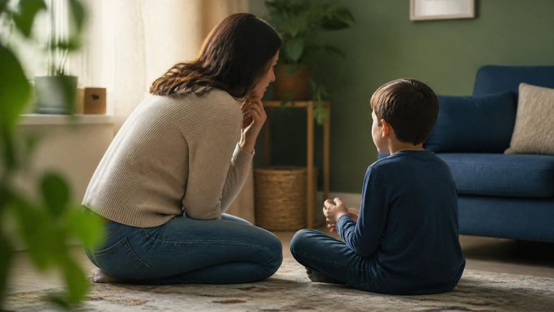 A parent kneeling at a child's level, listening calmly, representing how parents can help with phobias
