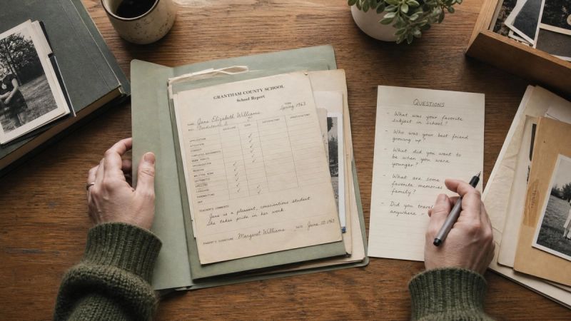 A person organising papers, a school report, and a list of questions on a table, preparing for an ADHD assessment appointment.