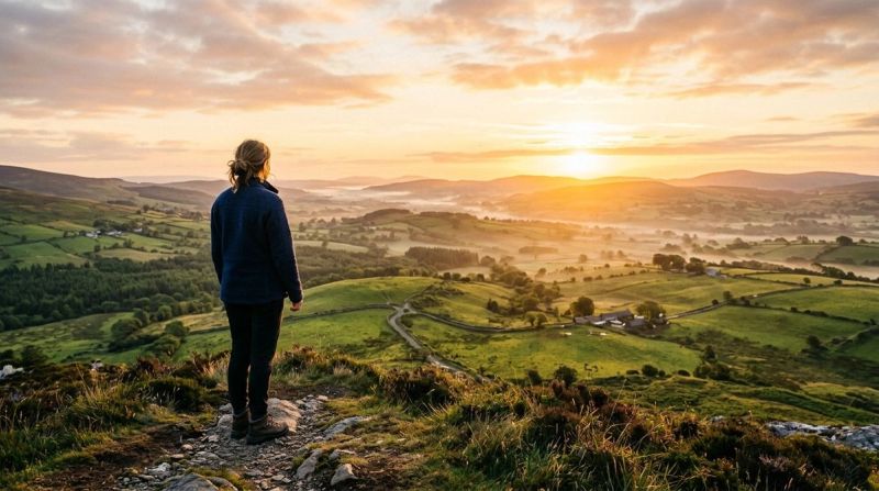 Person on hilltop at sunrise, representing trauma recovery