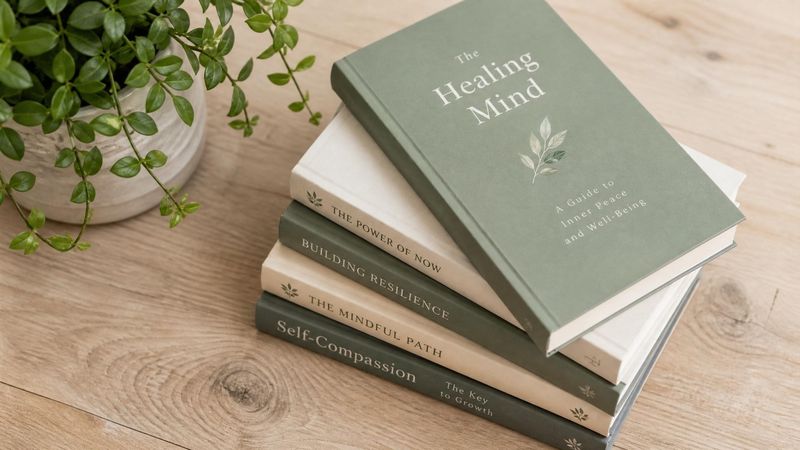 A small stack of books with calming covers and a green plant