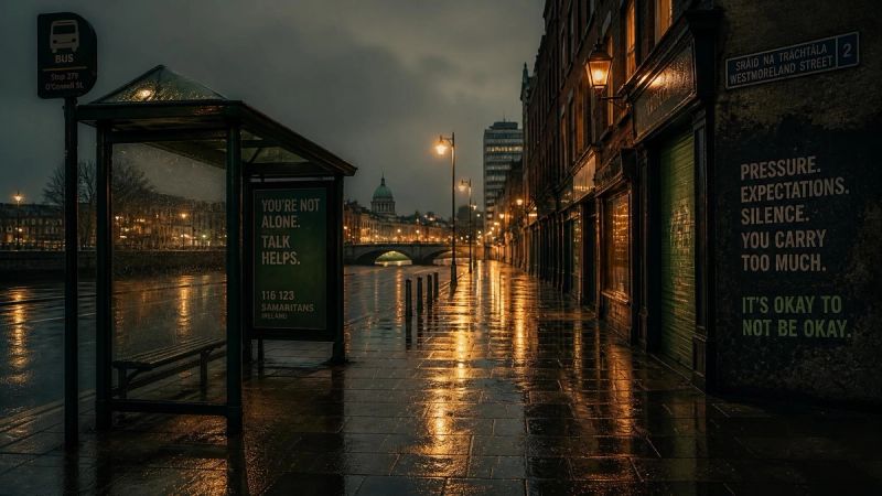 A rainy Irish city street at dusk, reflecting the pressures that disturb sleep and mood.