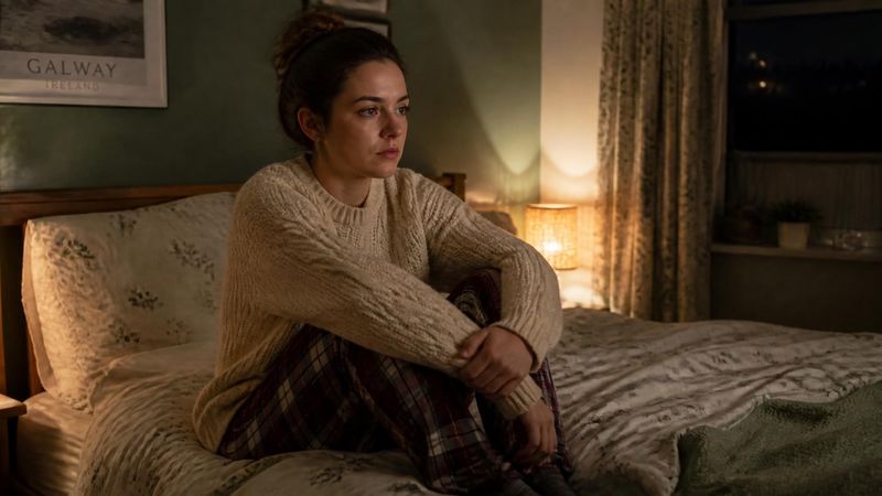 A person sitting up in bed at night looking thoughtful and worried.