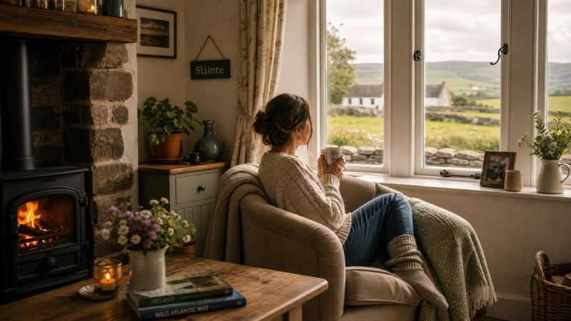 Peaceful Irish cottage interior with a person calmly sitting by a window with tea