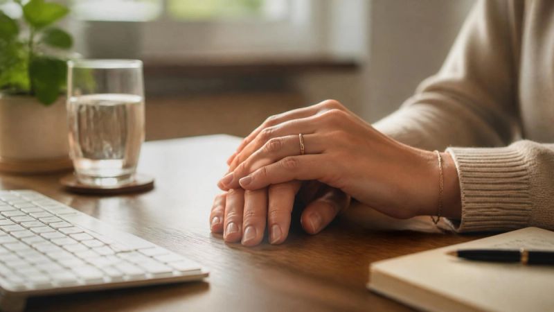 A peaceful close-up of hands resting on a desk, suggesting a pause and calm breathing