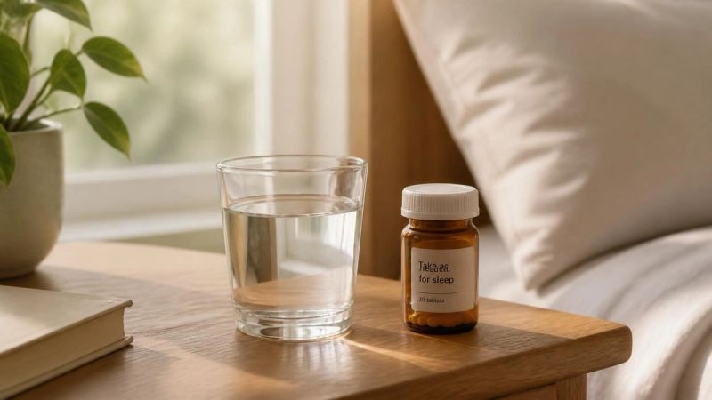 A glass of water and medication on a bedside table, representing informed medication choices.