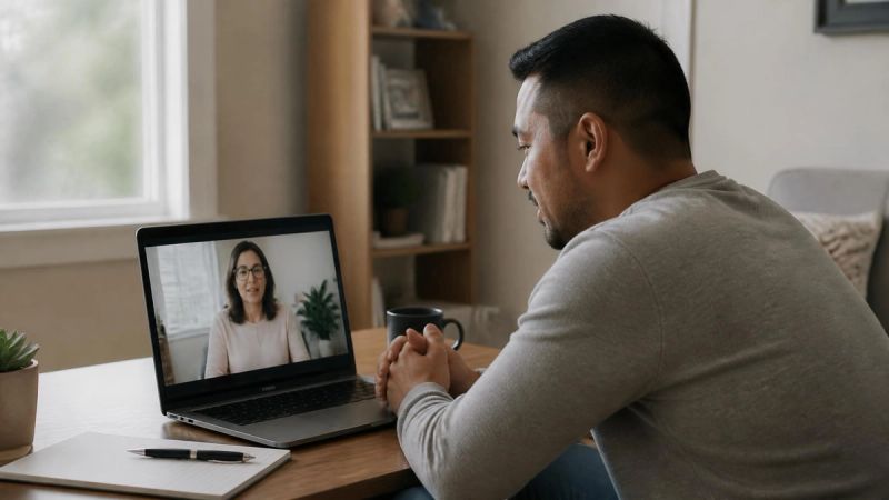 A person having a video therapy session on a laptop at home, relaxed and engaged