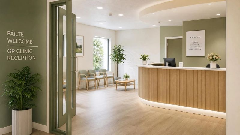 A person walking into a bright GP clinic reception area in Ireland, representing the first step toward an ADHD assessment.