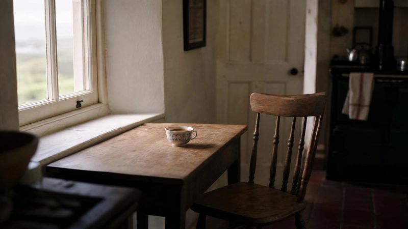 An empty chair at a small kitchen table by a window, suggesting absence
