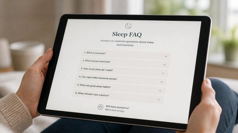 A clean FAQ layout on a tablet screen with simple questions about sleep