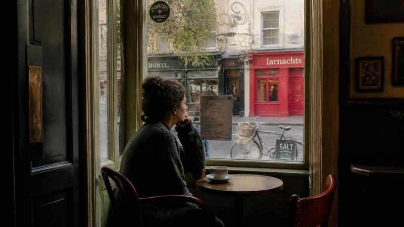 A person sitting alone in a café by a window with a coffee, looking out at the street