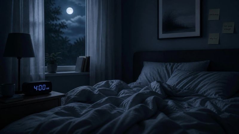A moonlit bedroom at 4 a.m., representing early morning waking caused by depression.