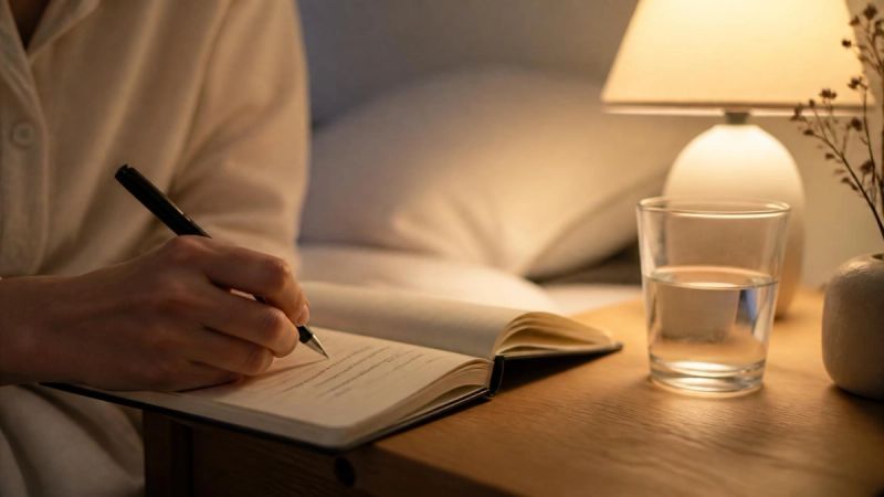 A person writing in a sleep diary at a bedside table, representing practical sleep habits