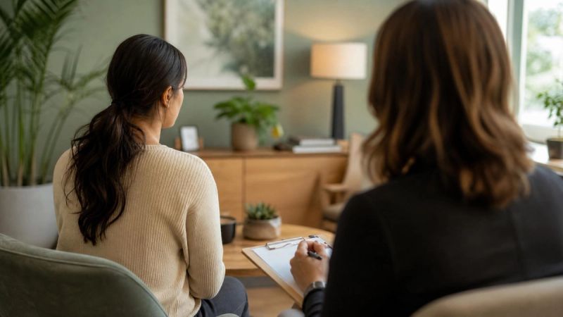 A woman talking with a healthcare professional in a warm, supportive consultation room