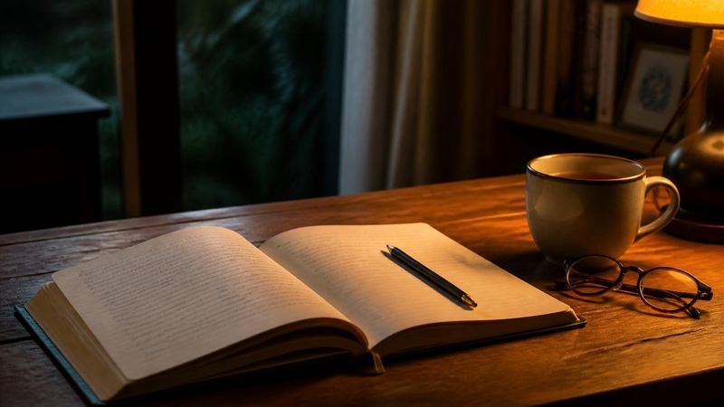A notebook and pencil on a table beside a cup of tea in the evening
