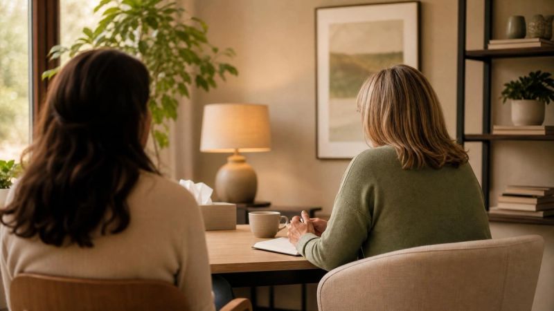 Two people talking supportively across a table, representing therapy for building confidence