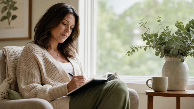 A person writing in a journal by a window, calm and patient