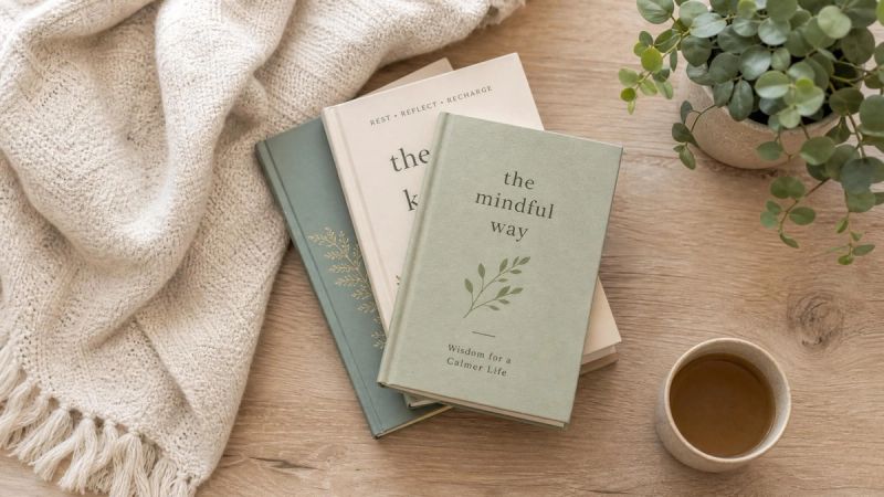 A small stack of books and a soft blanket on a wooden surface