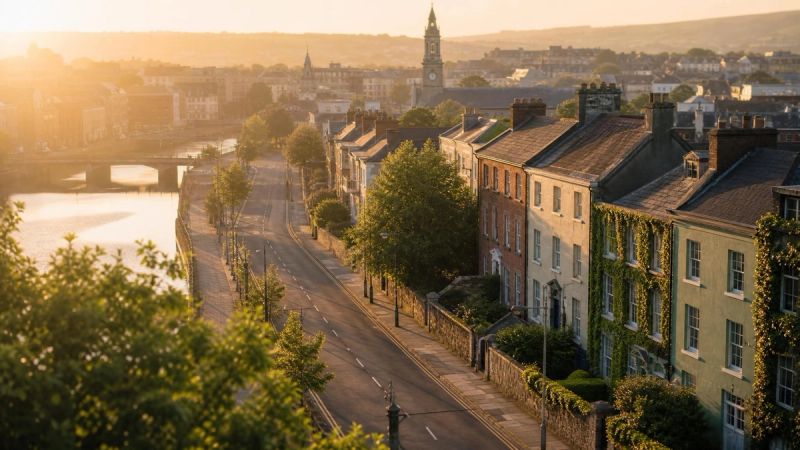 Abstract aerial view of an empty Irish city street with gentle sunlight, representing the spaces agoraphobia makes feel unsafe
