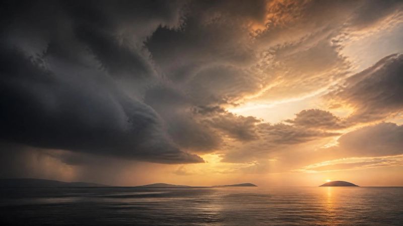Storm passing over a calm Irish sea at sunset