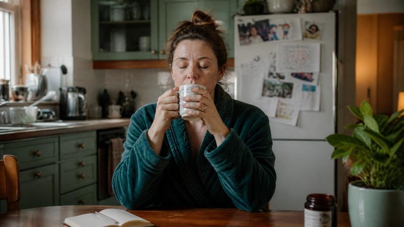 A tired parent taking a quiet moment alone with a cup of tea