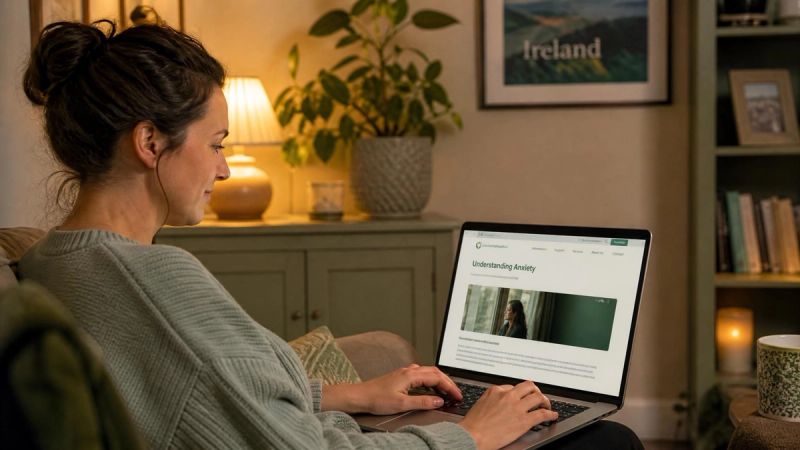 A person reading mental health information on a laptop in a calm home setting