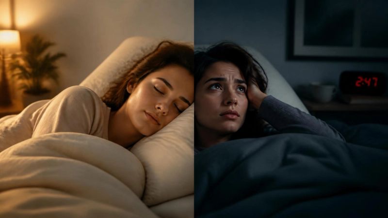 A split image showing restful sleep versus restless sleep, representing acute versus chronic insomnia