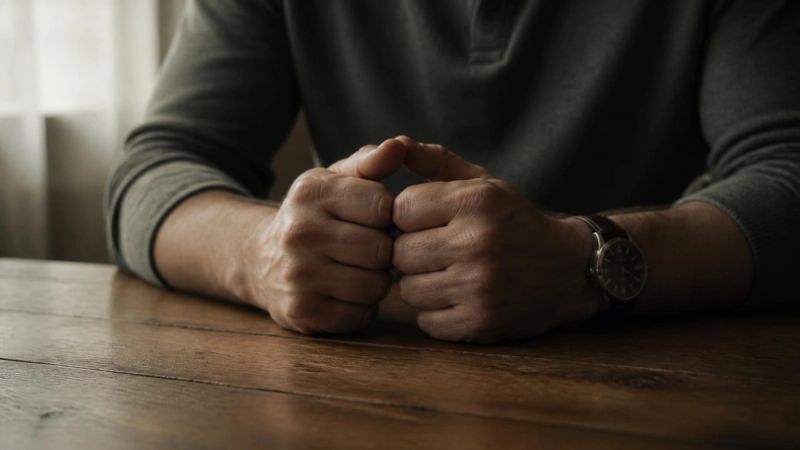 A subtle image of a man experiencing quiet frustration, hands on a table in soft light