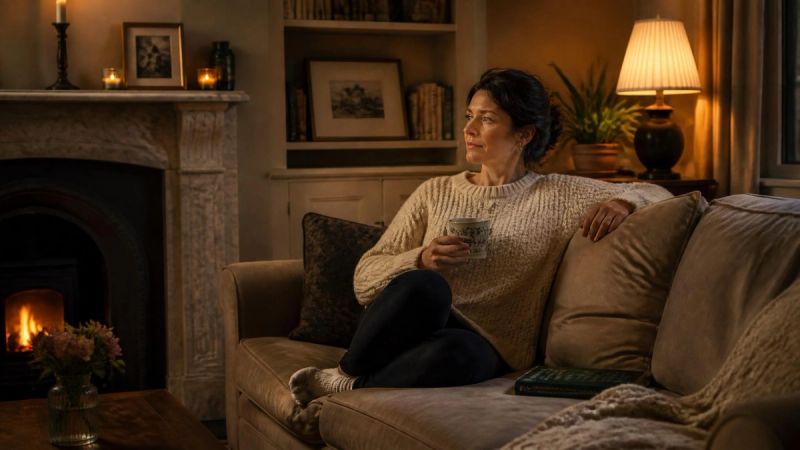 A person sitting alone on a sofa in a warm living room, relaxed and thoughtful