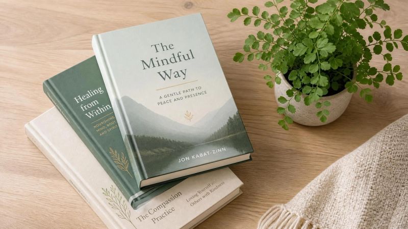 A small stack of books with calming covers on a wooden surface