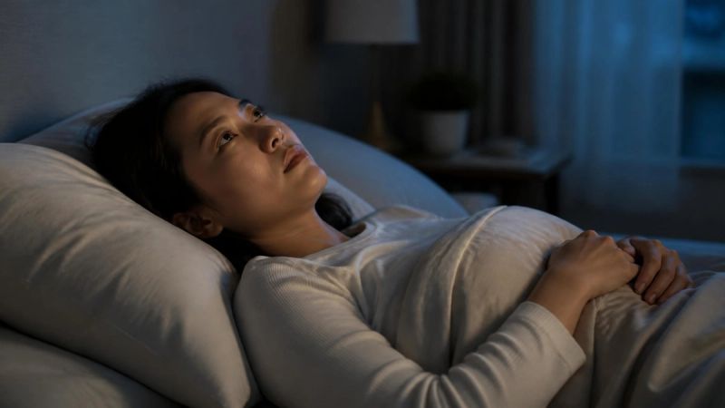 A simple diagram-style image showing a person awake in bed at night, representing chronic insomnia patterns