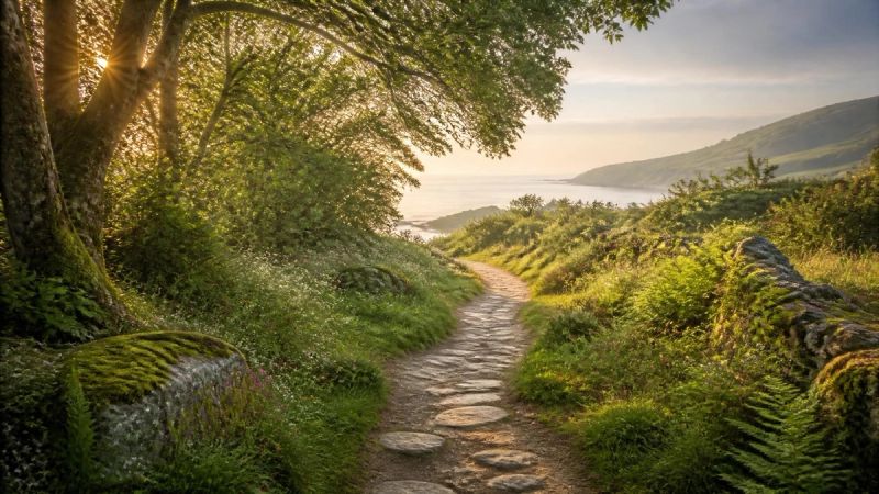 A calm path through greenery with morning light