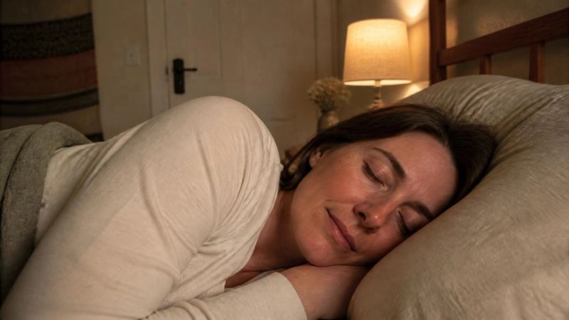 A person resting their head on a pillow in a softly lit bedroom, looking relieved and calm