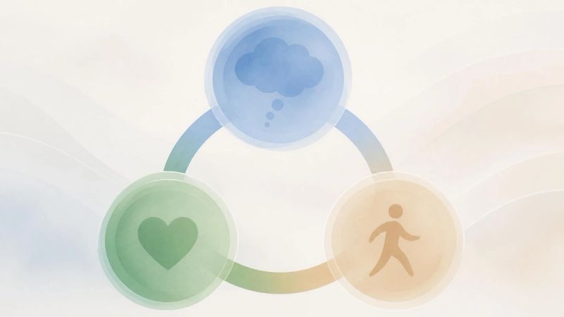 An abstract visual of overlapping circles or pathways, representing the connected nature of thoughts, feelings, and behaviours