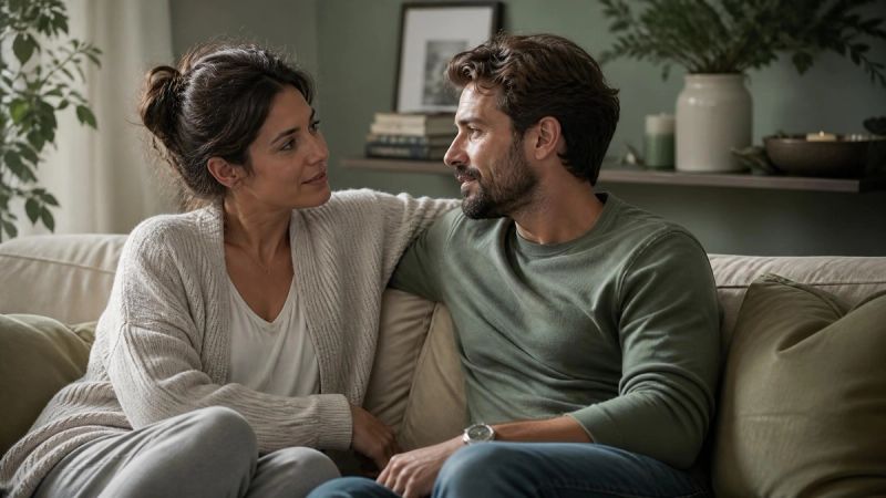 A couple sitting close together on a sofa, representing support for a partner through menopause