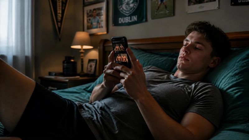 A young man scrolling through fitness influencer content on social media
